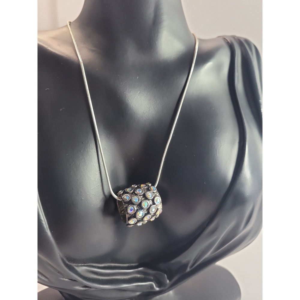 Silver Tone Barrel Pendant Necklace Multicolor Round Bead Boho Artisan Statement